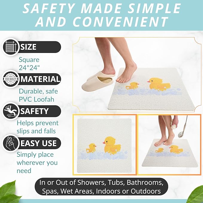 Enkosi Loofah Non-Slip Shower Mat – Square Anti-Slip Bath Mat for Kids, Tub, Bathtub & Walk-in Stalls, Cushioned PVC, Quick-Dry with Drain Holes – Bathroom Floor Safety Pad (Duck, 24x24) - Image 3