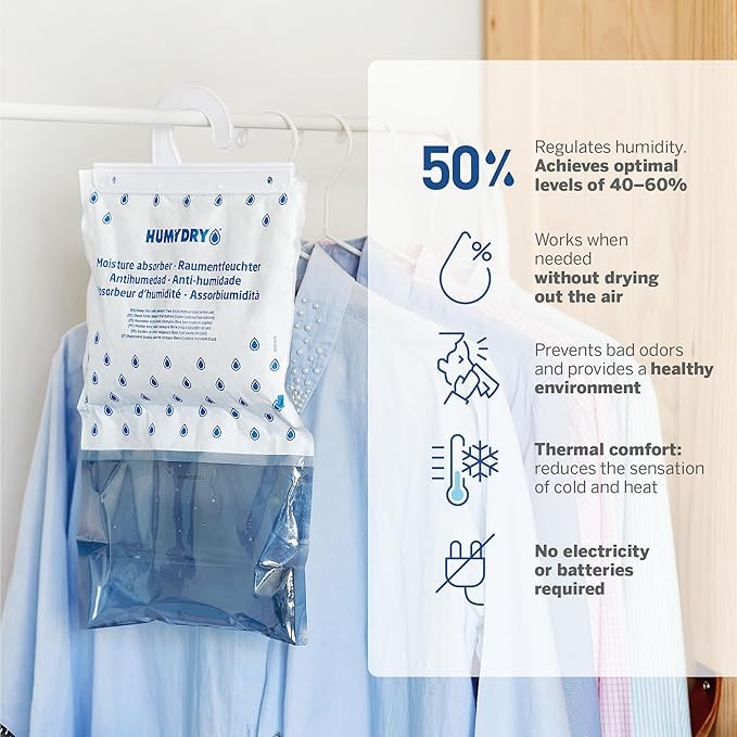 HUMYDRY Hanging Moisture Absorber for Closets, Pack of 6 Unscented 15.9 Oz Dehumidifier Bags, Non Electric Humidity Absorbers for Wardrobes Clothes Storage Areas and Small Enclosed Spaces - Image 5