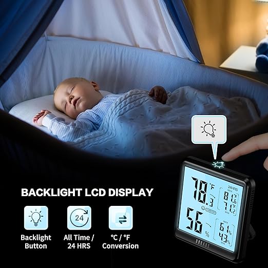 DOQAUS Room Thermometer Hygrometer, Digital Indoor Thermometer with Backlight, Large Screen Temperature Monitor Humidity Meter for Home, Bedroom, Baby Room, Office, Greenhouse (Black) - Image 2