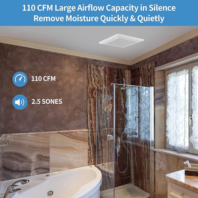 Bathroom Exhaust Fan 110 CFM Very Quiet with Matel Housing, Ceiling Mount Ventilation Fan Large Air-flow Capacity, Energy-Saving Household Bath Vent Extractor, White Plastic Grille - Image 3