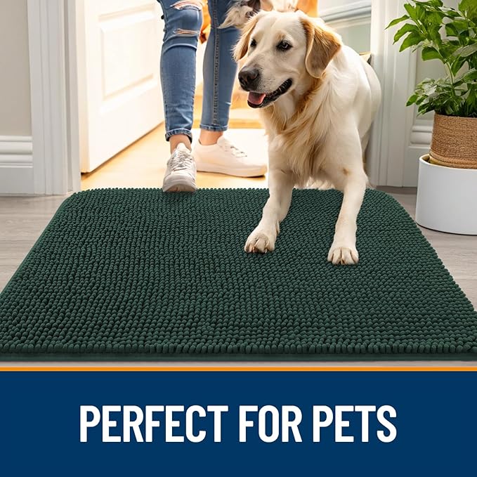 OLANLY Dog Door Mat for Muddy Paws 47x17, Absorbs Moisture and Dirt, Absorbent Non-Slip Washable Doormat, Quick Dry Chenille Mud Mat, Entry Indoor Entryway Carpet for Inside Floor, Blackish Green - Image 6