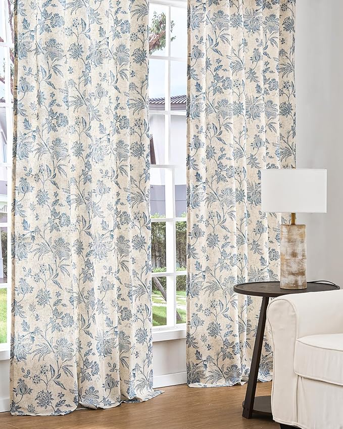 jinchan Lined Linen Floral Curtains for Living Room, 63 Inch Length Printed Flower Farmhouse Patterned French Country Back Tab Blue Window Drapes Set Privacy Bedroom Curtains, 2 Panels - Image 8