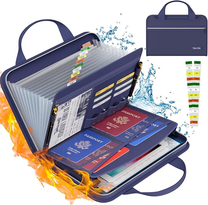 Tamfile Fireproof Accordion File Organizer with Handle, 13 Pocket Expanding File Folder with Zipper & Labels, File Folder with Multi-Pockets Paper Organizer Folder for Letter A4 Files, Blue by Tamfile
