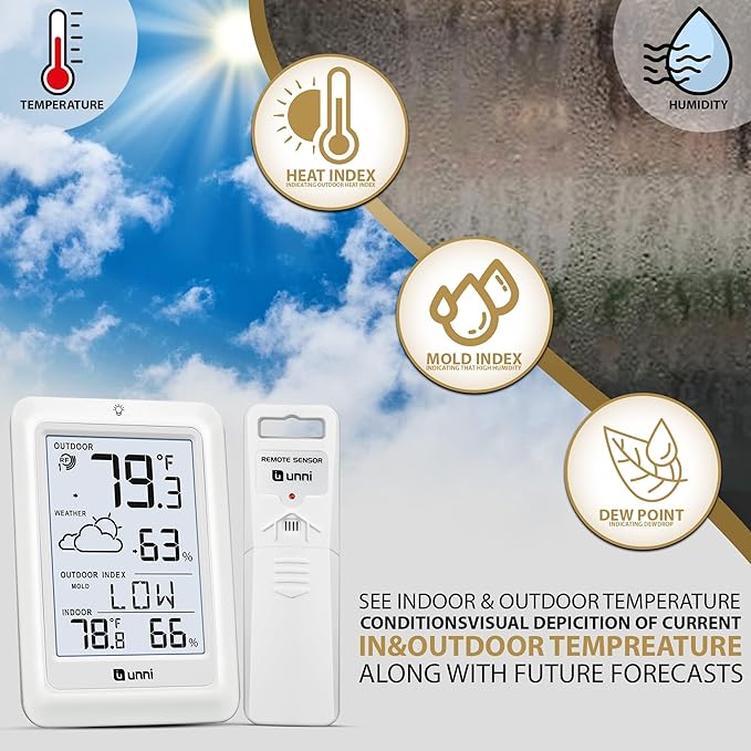 Indoor Outdoor Thermometer Wireless Weather Station, Temperature Humidity Monitor Battery Powered Inside Outside Thermometers with 330ft Range Remote Sensor and Backlight Display（WH01） - Image 4
