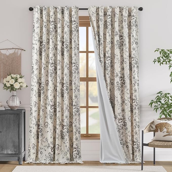 jinchan Blackout Linen Blend Curtain Floral Blackout Curtains for Living Room 96 Inch Length Black Printed with Lined Blackout Curtain for Bedroom Farmhouse Curtains Set 2 Panels by JINCHAN