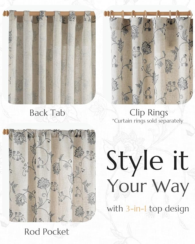 jinchan Linen Curtains Floral Curtain 84 Inch Length for Living Room Bedroom Light Filtering Rod Pocket Back Tab Jacobean Curtains Flax Linen Texture Window Drapes Set 2 Panels Black on Linen - Image 5