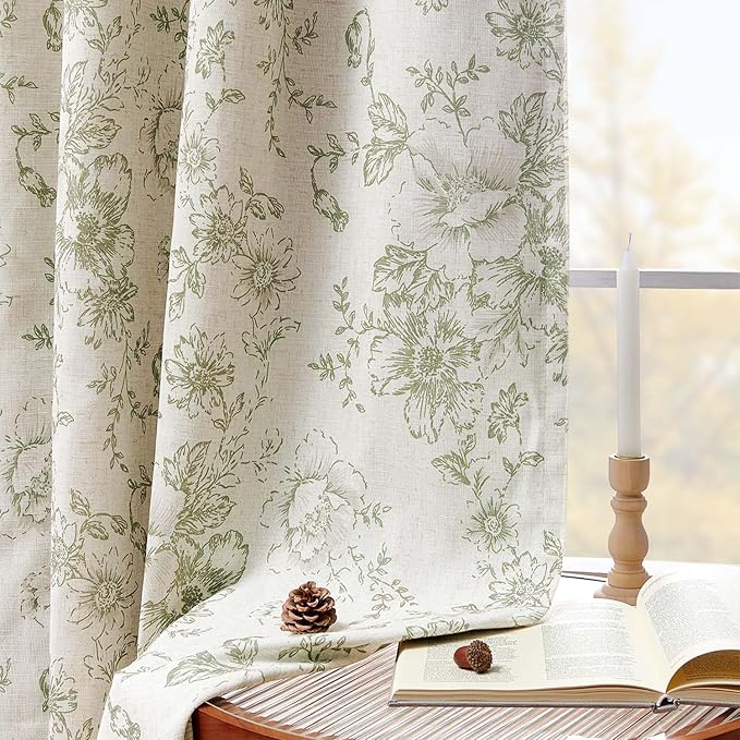 jinchan Blackout Curtains Linen Blend Floral Curtain for Living Room 63 Inch Length Farmhouse Printed with Lined Blackout Drapes for Bedroom Sage Green Flower Curtains Set 2 Panels - Image 3