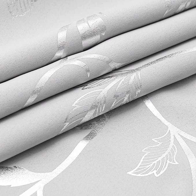 BUHUA Blackout Small Window Curtains for Kitchen and Bedroom Silver Foil Print Flower Grommet Short Thermal Insulated Room Darkening Curtains, Greyish White, 52Wx36L, 2 Panels - Image 5