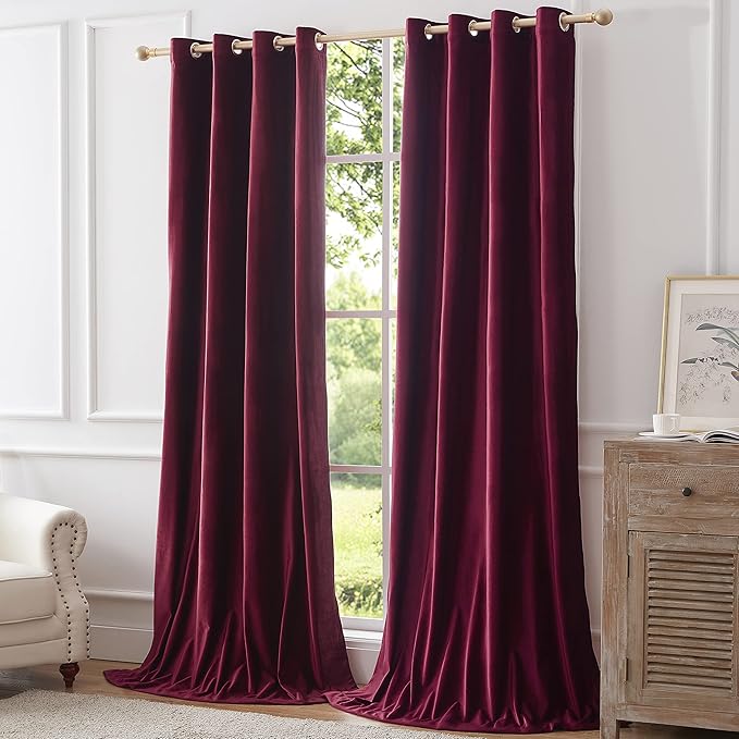 Christmas Burgundy Decorative Velvet Curtains 90 inches Luxury Living Room Curtain Blackout Modern Thermal Insulated Soundproof Privacy Room Darkening Floor to Ceiling Drapes for Bedroom Set of 2 - Image 6
