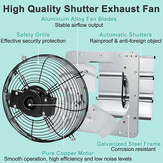 12 Inch Shutter Exhaust Fan with Speed Controller and Power Cord, Wall Mount Attic Fan for Greenhouses, Sheds, Garages, Chicken Coops, Barns Ventilation, 970 CFM - Image 7