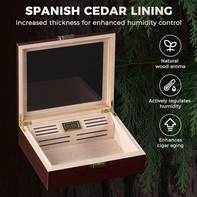 ProCase Wood Cigar Humidor Box, Wooden Desktop Cigar Storage Case, with Humidifier，Cedar Lining, Glass Top, Digital Hygrometer, Gift for Men Dad Boyfriend, Father's Day - Image 6