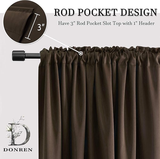 DONREN Chocolate Brown Blackout Curtains Panels for Bedroom - Coffee Rod Pocket Thermal Insulated Curtains for Living Room (42 W x 63 L Inch Length,2 Panels) - Image 4