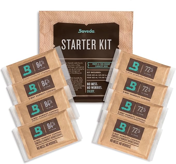 Boveda Starter Kit Bundle: Season a Wood Storage Box Plus Maintain Humidity with 2-Way Humidity Control | Includes (4) Each Size 60 Boveda 84% & 72% | 1-Count by Boveda