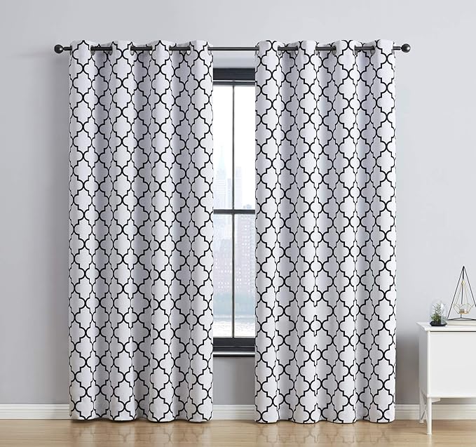 HLC.ME Lattice Print White and Black Curtains - Privacy Shaded & Darkening Grommet Window Curtains Draperies for Master Bedroom, Platinum White & Black, 52 W x 84 L, 2 Panels - Image 6