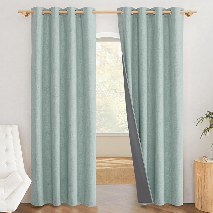 NICETOWN 100% Absolutely Blackout Linen Curtains with Thermal Insulated White Liner, Seafoam Green, 52" Wide, 90" Length Energy Saving Curtains for Living Room 2 Panels Set, Vertical Blinds by NICETOWN