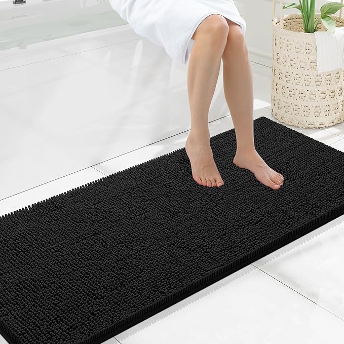 Smiry Luxury Chenille Bathroom Rugs 59x20, Extra Soft and Absorbent Shaggy Bath Mat, Machine Washable, Non-Slip Plush Carpet Runner for Tub, Shower, and Floor, Home Decor Accessories, Black by Smiry