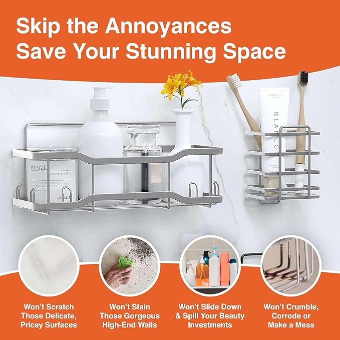 Shower Caddy Bathroom Shelves, The Athena Silken 4 Set, 40LB Capacity, Adhesive Tape No Drill - Rustproof -Gorgeous Powder Coated 304 Stainless Steel Shower Organizer for kitchen & Home Decor - Silver - Image 8