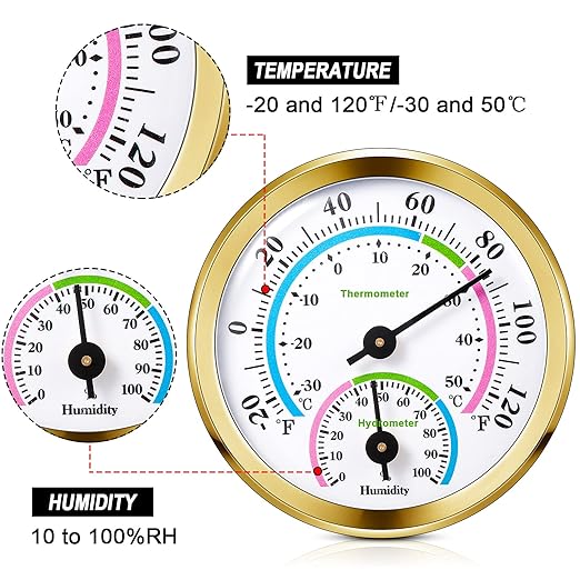 Weewooday 3 Pcs Indoor Outdoor Thermometer 2 in 1 Mini Home Temperature Humidity Hygrometer Monitor Gauge for Home Offices Wall(Gold,2.2 Inch) - Image 3