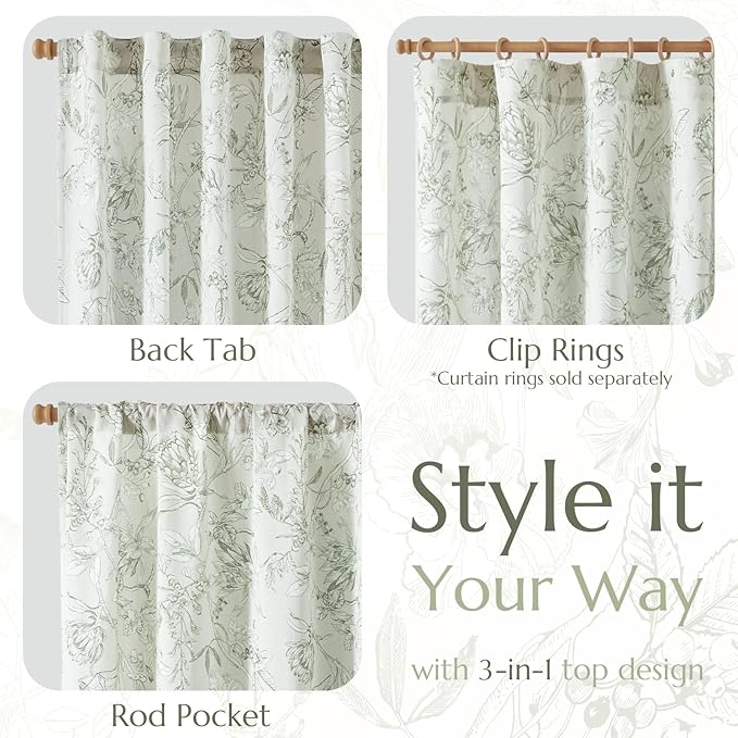 jinchan Floral Curtains 108 Inch Length Sage Green Flower Linen Farmhouse Curtain for Living Room French Country Vintage Curtain Rod Pocket Curtains Set 2 Panels Floral Printed - Image 5