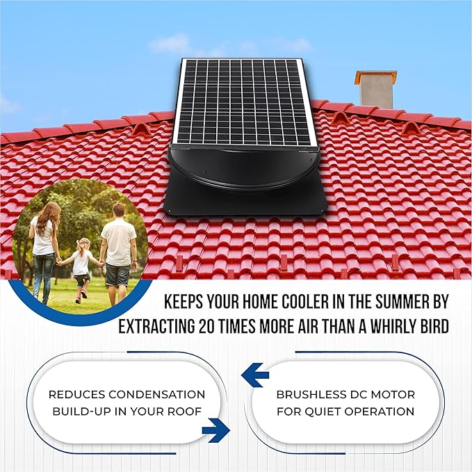 Solar Attic Fan, 40 W, 1600 CFM Large Air Flow Solar Roof Vent Fan, Low Noise and Weatherproof with 110V Smart Adapter, Ideal for Home, Greenhouse, Garage, Shop, RV, Workshop etc. - Image 4