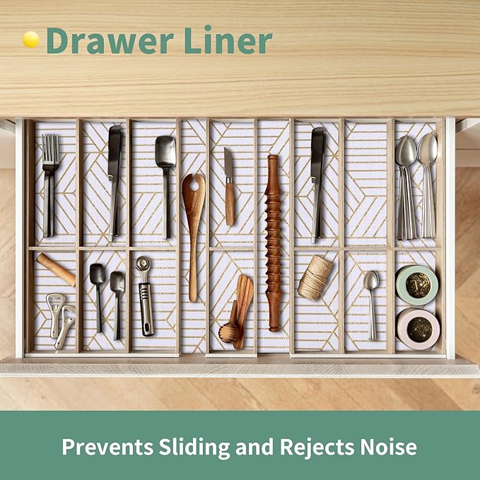 Shelf Liners for Kitchen Cabinets 23.6in x 49.21FT, Non Adhesive Cabinet Liner Strong Non-Slip Thickened Gold Geometric Drawer Liner, Easy to Clean for Shelf, Cabinet with Knife and Tape Measure - Image 3