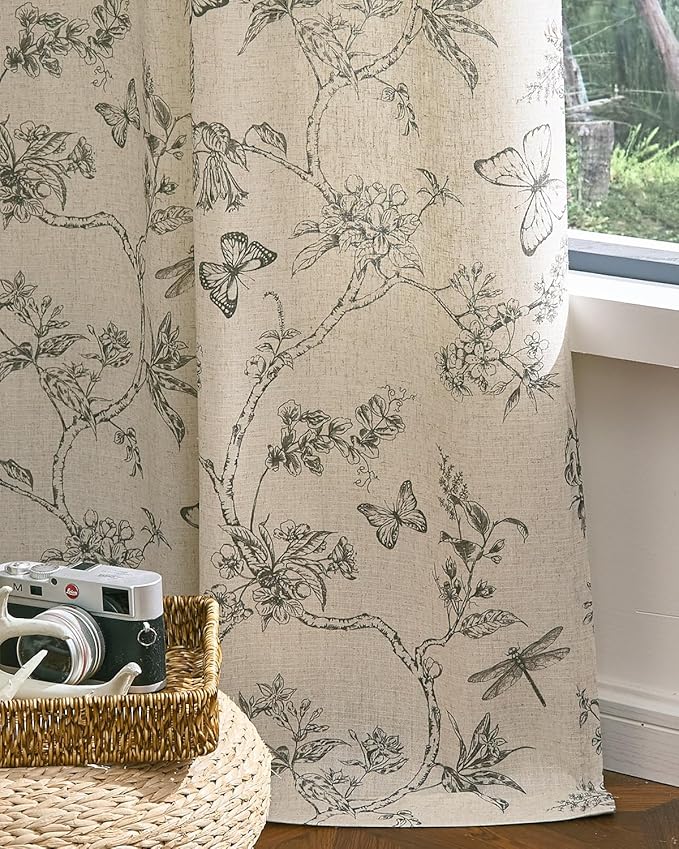 jinchan Floral Linen Curtains for Living Room 84 Inch Length Butterfly Curtain Grey Floral Curtains French Country Farmhouse Curtain Gray Flower PatternedDrapes Window Treatment Set 2 Panels - Image 5