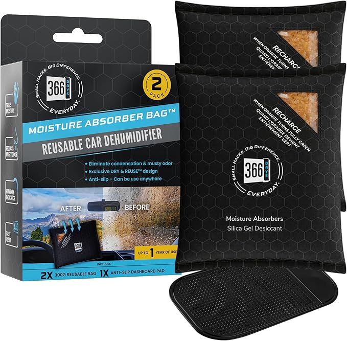 Dehumidifier & Moisture Absorber Bag – Reusable Silica Gel with Color-Changing Indicator – Eliminates Humidity & Musty Odors for Cars, RVs & Home (2) by 366Days