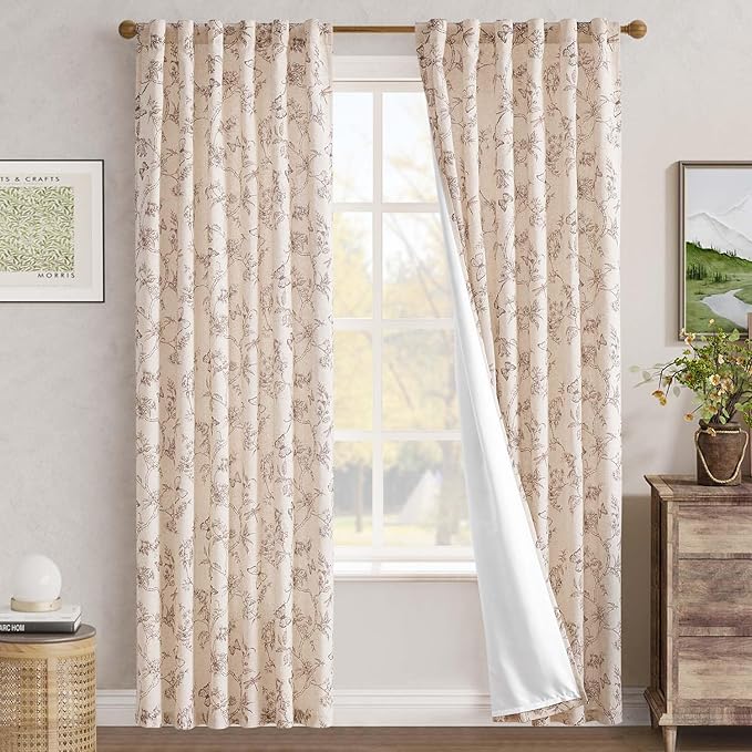 jinchan Floral Curtains Lined Linen Blend Curtain for Living Room 84 Inch Length Taupe Farmhouse Flower Patterned Curtain French Country Curtains Drapes Back Tab Rod Pocket 2 Panels - Image 7