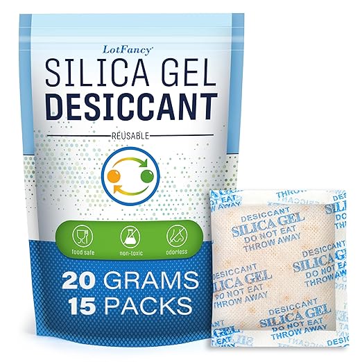 LotFancy 15 Packs 20Gram Silica Gel Desiccant Packets, Non-Toxic Food Safe Moisture Absorber Bag for Gun Camera Cabinet Closet Storage, Pet Food Desiccant, Odorless by LotFancy
