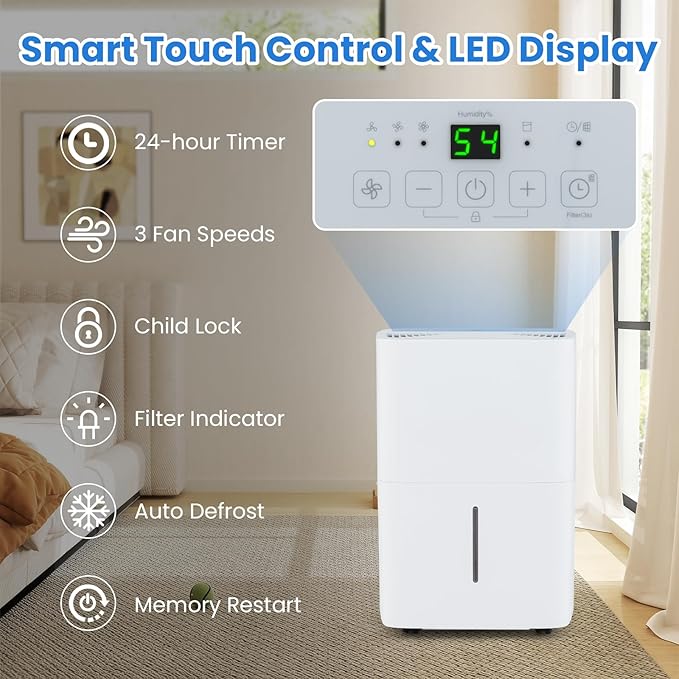 ARLIME 94.5 Pints Dehumidifier for Home, 6000 Sq.Ft Dehumidifier w/24H Timer, LED Display, Child Lock, Drain Hose& Auto Defrost for Bedroom Basement Garage Office (94.5 Pints) - Image 5