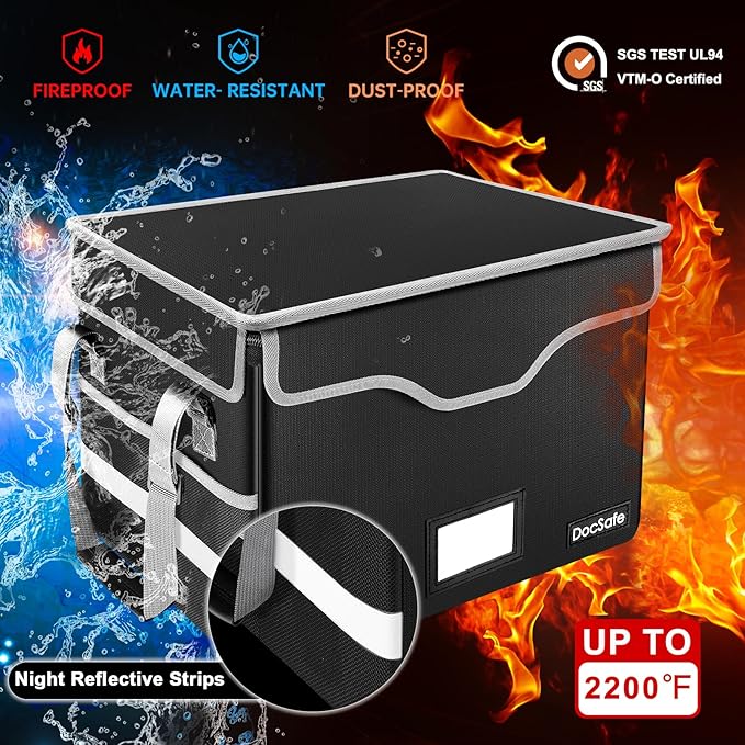 DocSafe Fireproof Document Box with Lock,File Storage Organizer with Pockets,Collapsible Portable File Box Home Office Safe Filing Cabinet with Handle for Hanging Letter/Legal Folders,Black,2 Pack - Image 2