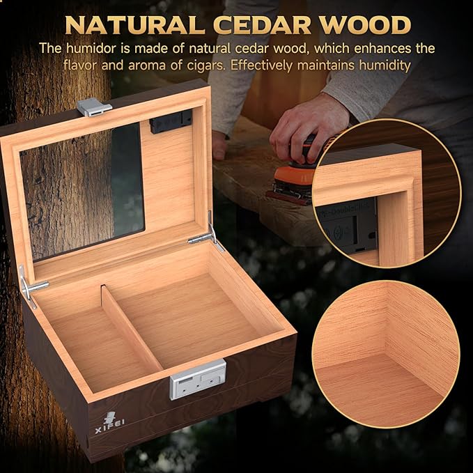 XIFEI Cigar Humidor, Glass Top Humidor Box with Digital Hygrometer, Humidifier, Accessories Drawer, Divider, Cedar Wood Desktop Humidors Case with Combination Lock, Gift for Cigar Lovers (Walnut) - Image 5