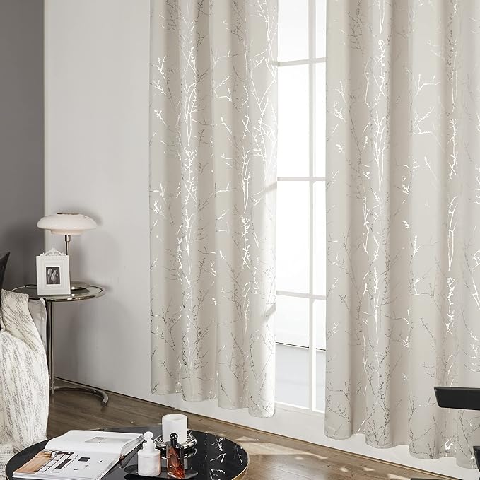 Deconovo Beige Blackout Curtains, Boho Farmhouse Curtain, Thermal Insulated Soundproof Drapes, Silver Branch Print, 52 x 84 Inch Long, Machine Washable Window Panels for Living Room Bedroom, Set of 2 - Image 4