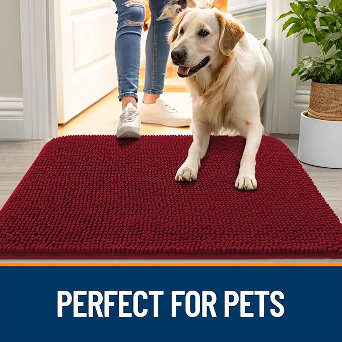 OLANLY Dog Door Mat for Muddy Paws 70x32, Absorbs Moisture and Dirt, Absorbent Non-Slip Washable Doormat, Quick Dry Chenille Mud Mat for Dogs, Entry Indoor Entryway Carpet for Inside Floor, Red - Image 6