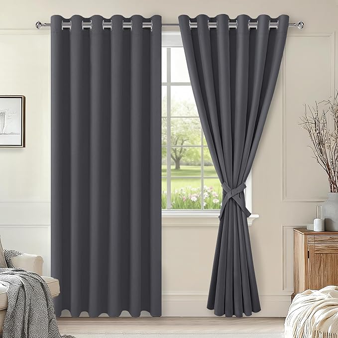 Hiasan Grommet Blackout Curtains for Bedroom, 70 x 84 Inches - Thermal Insulated & Light Blocking Window Drapes for Living Room/Dorm Room, Set of 2 Panels Sewn with Tiebacks, Dark Grey by Hiasan