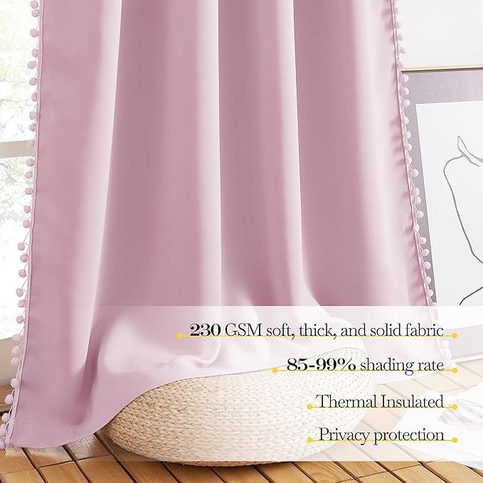 NICETOWN Pom Pom Blackout Curtains for Girls Bedroom Boho Pink Window Curtains for Nursery Rod Pocket Thermal Insulated Living Room Darkening Curtain Panels for Play Room, 52" W x 84" L, 2 Panels - Image 5