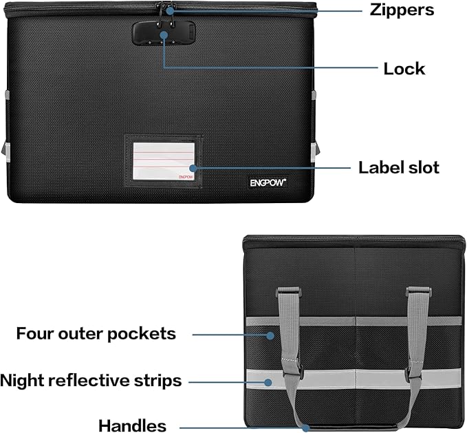 ENGPOW File Box with Lock,Fireproof Document Box with Zipper＆Pockets,Collapsible File Organizer Filing Storage Cabinet with Handle,Portable Home Office Safe for Hanging Letter/Legal Folder,Black - Image 8