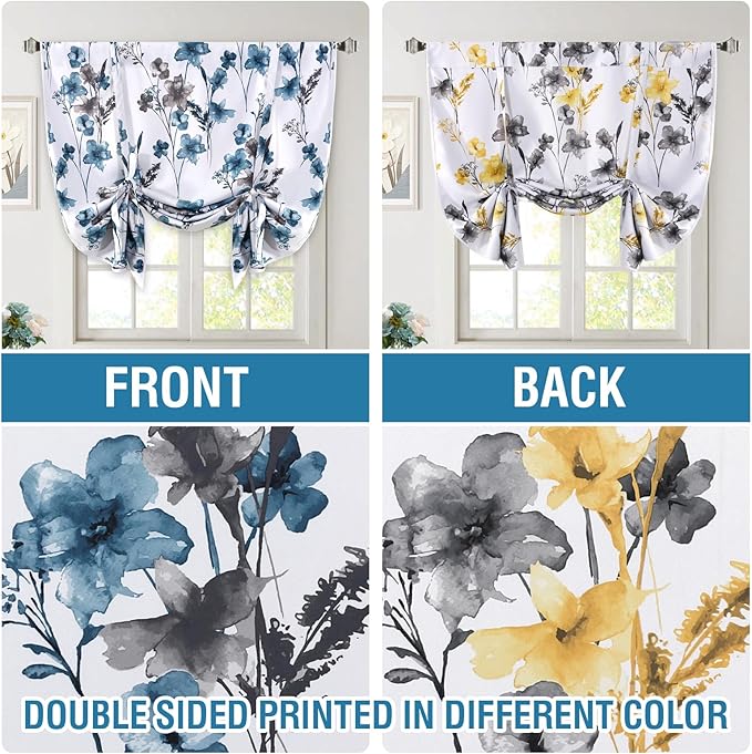 H.VERSAILTEX Double Sided Floral Pattern Printed Tie Up Curtains Thermal Insulated Blackout Short Curtain Bathroom Curtain Rod Pocket Panel, Reversible in Blue/Yellow, 42 inches W x 63 inches L - Image 3