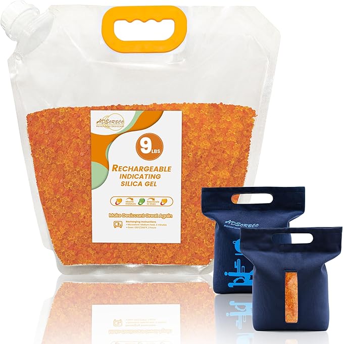 Silica Gel Desiccant Beads – Reusable Desiccant Bulk 3mm Beads for 3D Filament, Electronics, Cameras, Jewelry, and Safes (Orange to Green, 9 LBS+2 Bags) by SorbcoPackagingLLC