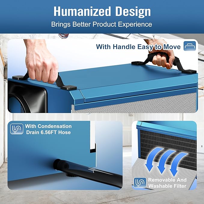 145 Pints Commercial Dehumidifier for Large Basements & Crawl Spaces up to 6500 Sq.Ft, Industrial Dehumidifiers for Water Damage Restoration, Auto Defrost, Continuous Drain Hose, Memory Function, Blue - Image 8