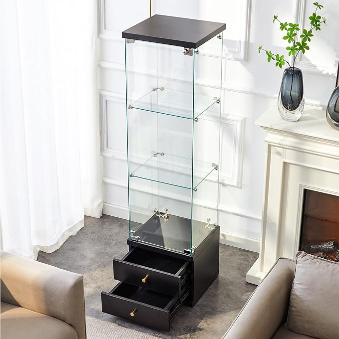 Yoluckea 3 Shelves Glass Display Cabinet with 2 Soft-Close Storage Drawers, Curio Collection Glass Display Case with Door & Lock, Floor Standing Bookshelf Corner Cabinet for Book Toys Glory (Black) - Image 5