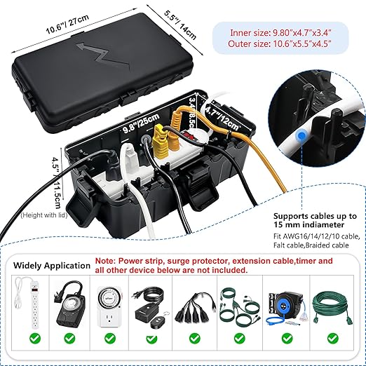Hrensaw Medium Outdoor Electrical Box(10.6x5.5x4.5inch),IP54 Waterproof Extension Cord Cover w/6 Cable Entry,Weatherproof Connection Box Protect Power Strip,Timer,Plug,Holiday Lights,Black - Image 2
