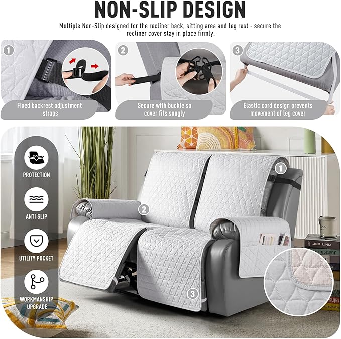 TAOCOCO 100% Waterproof Recliner Cover, Non-Slip Washable Reclining Couch Cover with Elastic Leg Straps, Furniture Protector for Dogs (Off White, 2 Seater) - Image 5