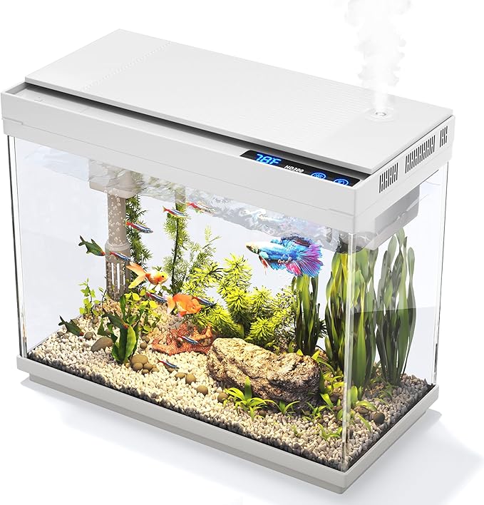 Fish Tank 2.4 Gallon Aquarium Kit with Humidifier 7-Color Auto-Looping 3 in 1 Quiet Pump with Filteration & Oxygenation & Circulation, Temperature Display, HD Glass by VEHIPA