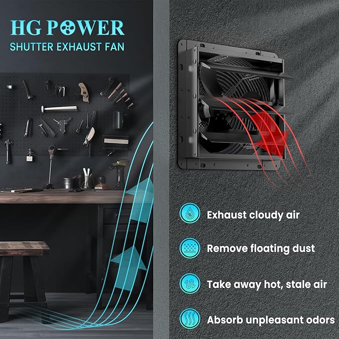 HG Power 10 Inch Shutter Exhaust Fan, 647CFM Quiet Garage Exhaust Fan with 8 Foot Long ON/OFF Switch Cable for Chicken Coop, Shed, Basement, Gable, Kitchen, Attic Ventilation Use, Black - Image 3