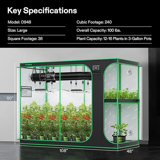 VIVOSUN D948 2-in-1 9x4 Grow Tent, 108"x48"x80" High Reflective Mylar with Multi-Chamber and Floor Tray for Hydroponic Indoor Plant - Image 9