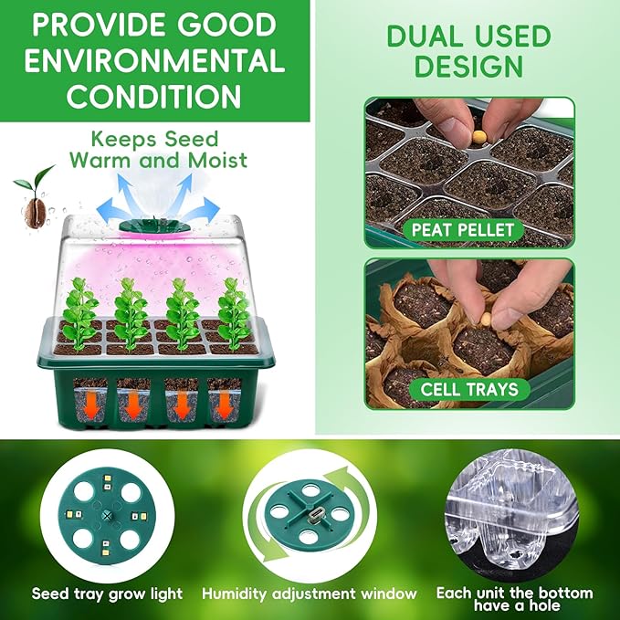 YAUNGEL Seed Starter Tray with Grow Light, 5 Pack Seed Starter Kit with Heat Mat, Seedling Starter Trays with Timing Controller Adjustable Brightness, Thicken Trays with Humidity Domes - Image 4