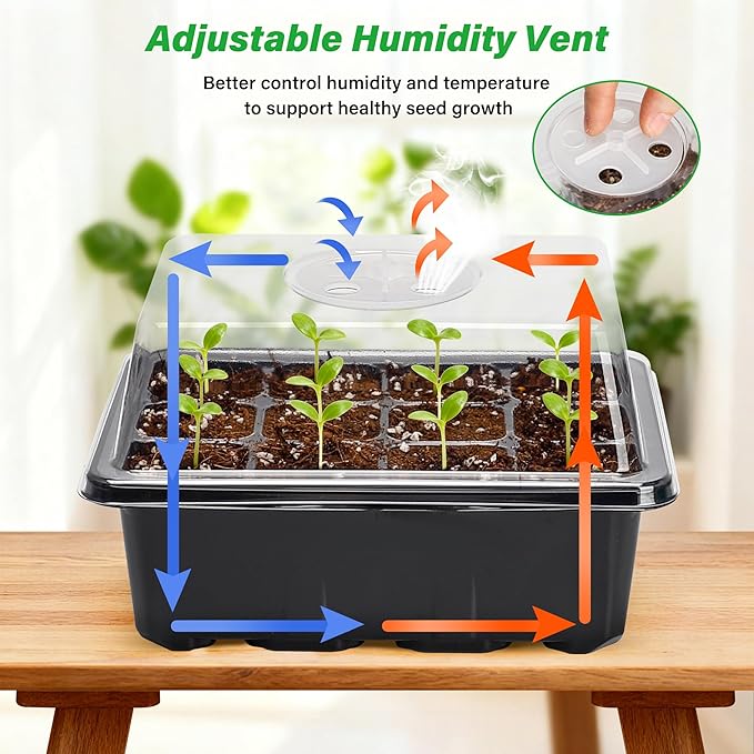 Bonviee 5-Pack Seed Starter Tray Seedling Kits,Plant Starter Kit with Adjustable Humidity Dome and Base Indoor Greenhouse Mini Propagator for Seeds Growing Starting (12 Cells per Tray,Black) - Image 3