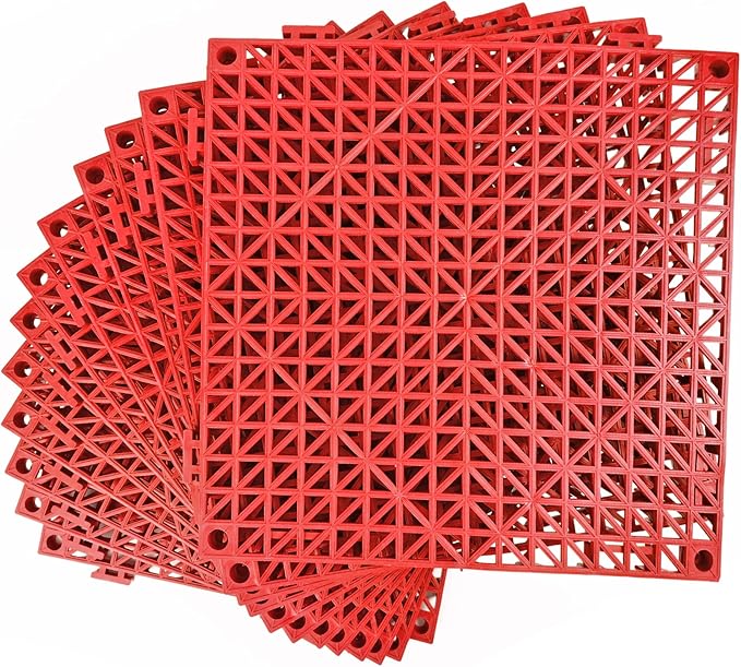 MYFAMIREA Modular Interlocking Cushion 12 Pack 11.8" x 11.8" Rubber Floor Tiles Non-Slip Splicing Drainage Mats for Deck, Pool, Outdoor Shower, Patio, Balcony, Indoor Bathroom, Kitchen, Yard (Red) by MYFAMIREA
