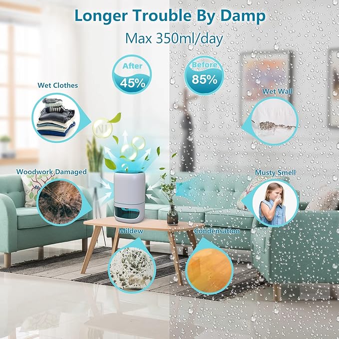 Small Dehumidifiers for Bedroom w/Air Purifying Function, 1000 ml/35 oz for 2500 Cubic Feet (260 sq ft) with 7 Colorful LED Lights Timer Set Negative Ions Below 30 dB, Auto Shut-Down - Image 2